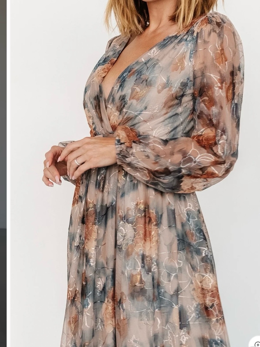 Baltic Born Blush Taupe and Blue Floral V-Neck Long-Sleeve Maxi Dress